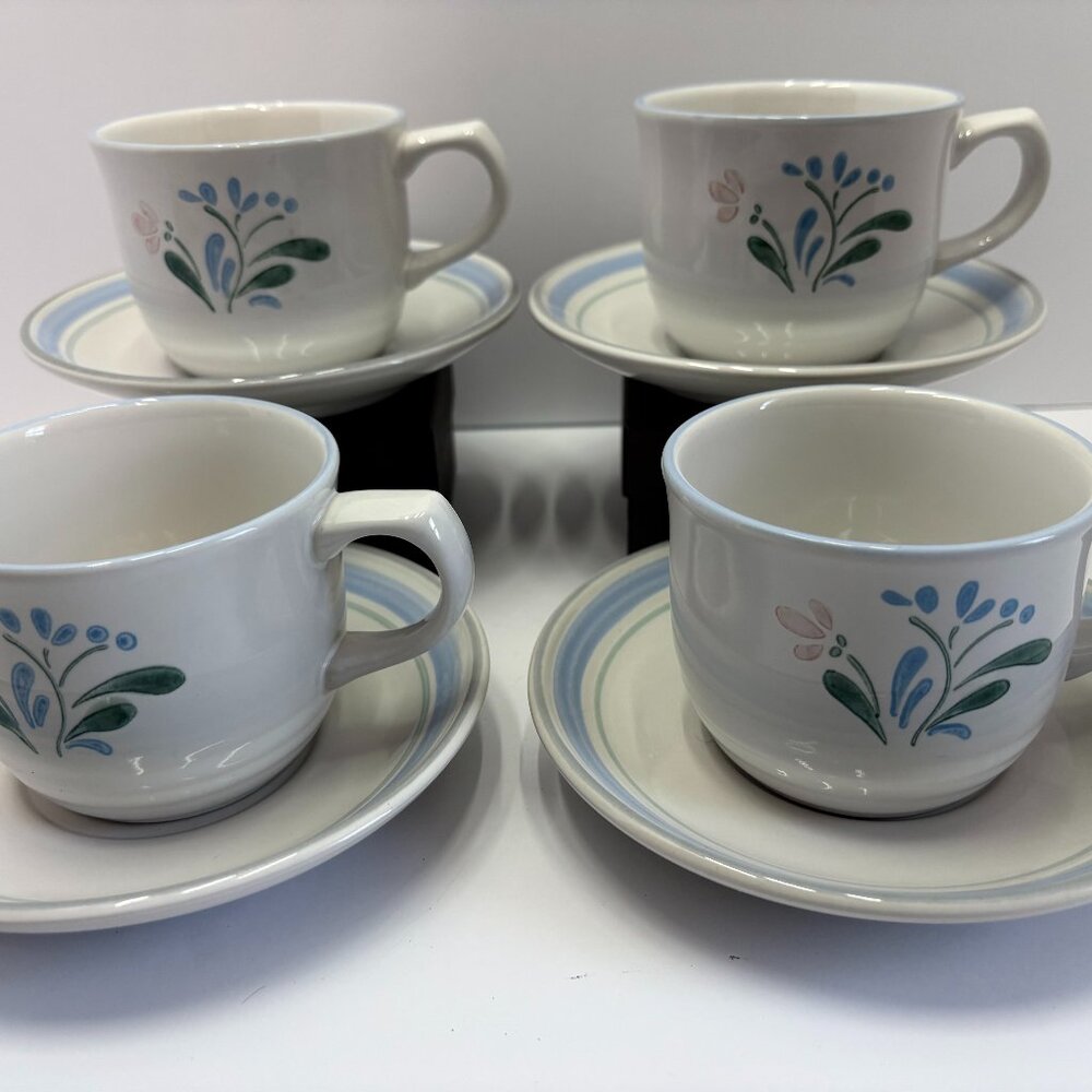 Vintage Yamaka Fascino Stoneware Cups Saucers Set of 4 Japan
